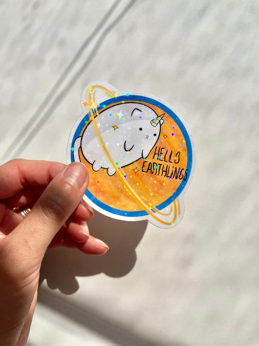 Caticorn Hello Earthlings Holographic Sticker